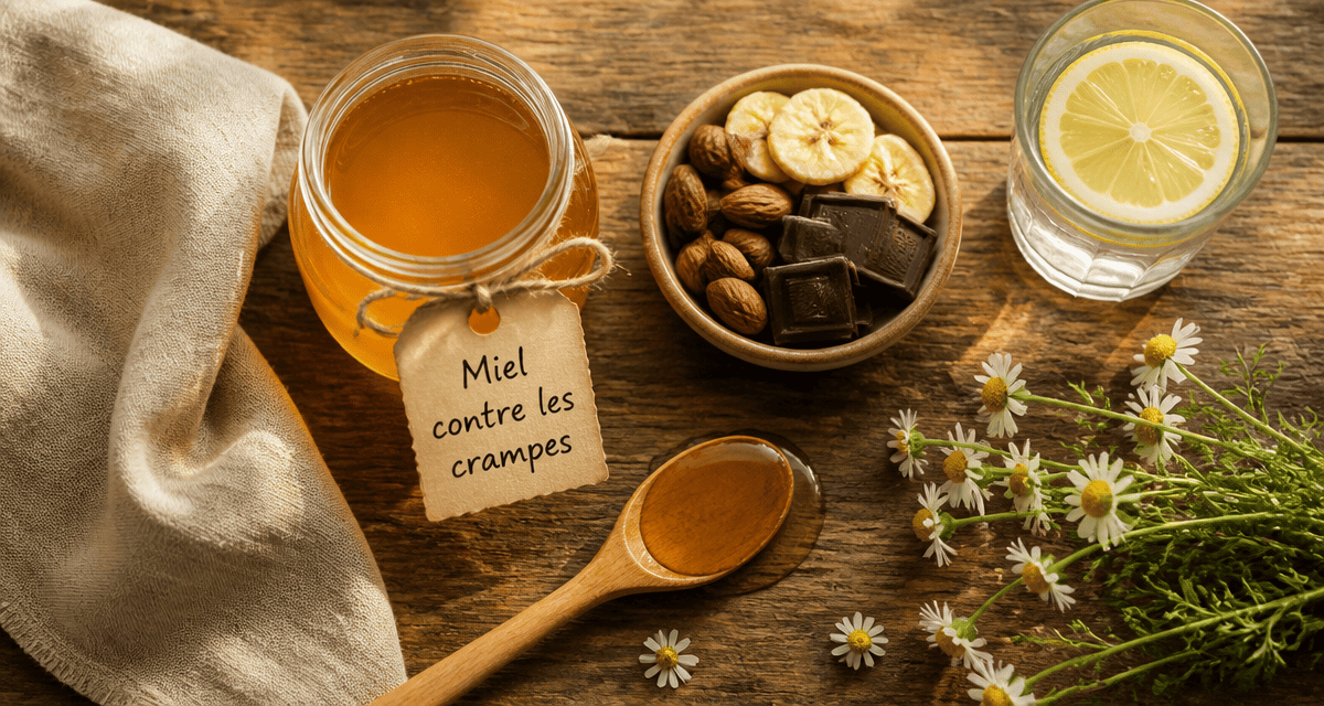 le miel contre les crampes, pot ouvert et cuillère de miel