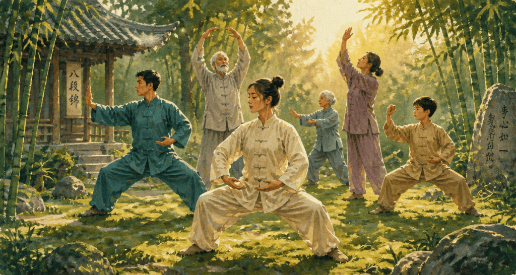 Les 8 postures du Qi Gong pratiquées en groupe dans un jardin