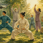 Les 8 postures du Qi Gong pratiquées en groupe dans un jardin