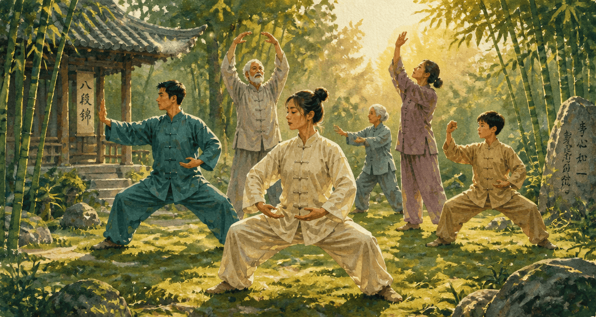 Les 8 postures du Qi Gong pratiquées en groupe dans un jardin
