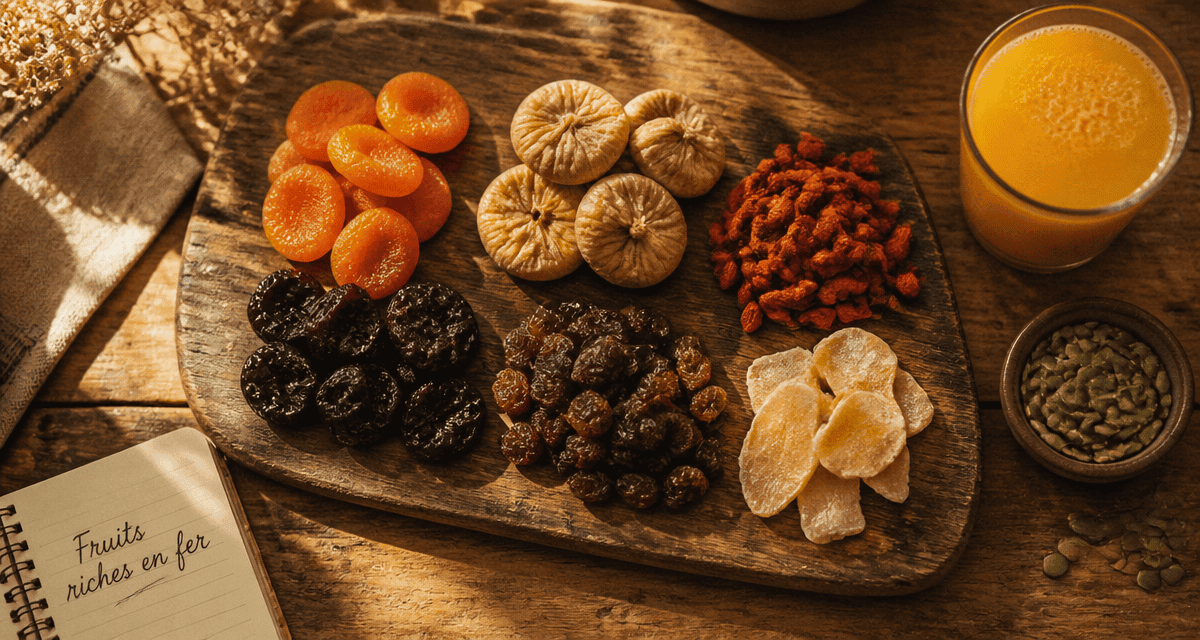 Les fruits riches en fer présentés sur planche en bois