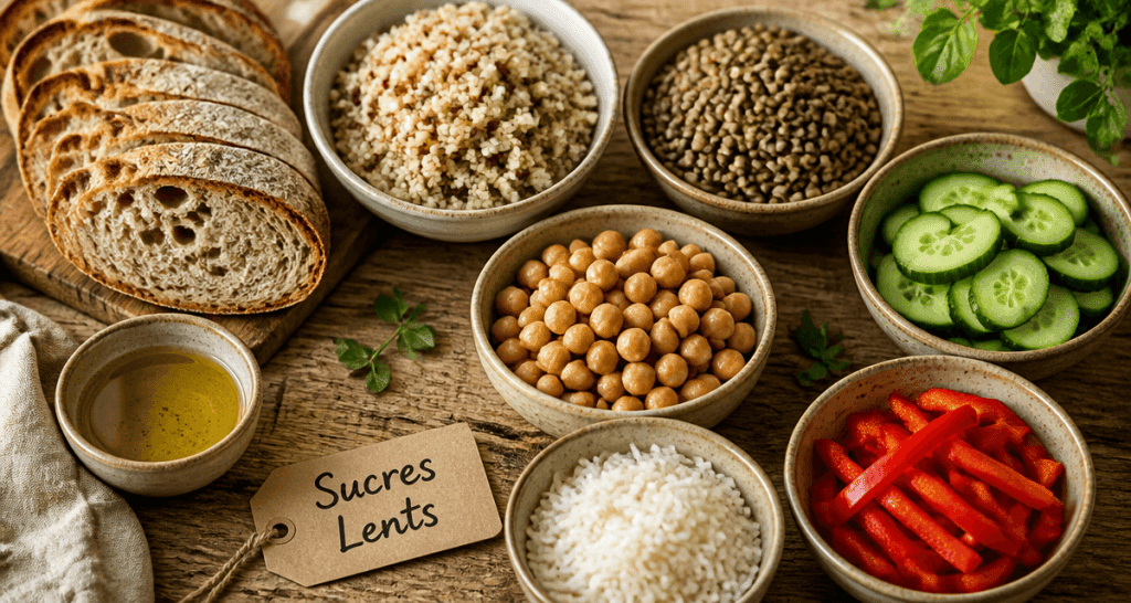 liste des sucre lent sur table avec bols et légumes