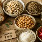 liste des sucre lent sur table avec bols et légumes