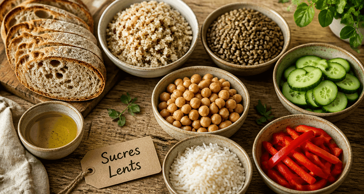 liste des sucre lent sur table avec bols et légumes
