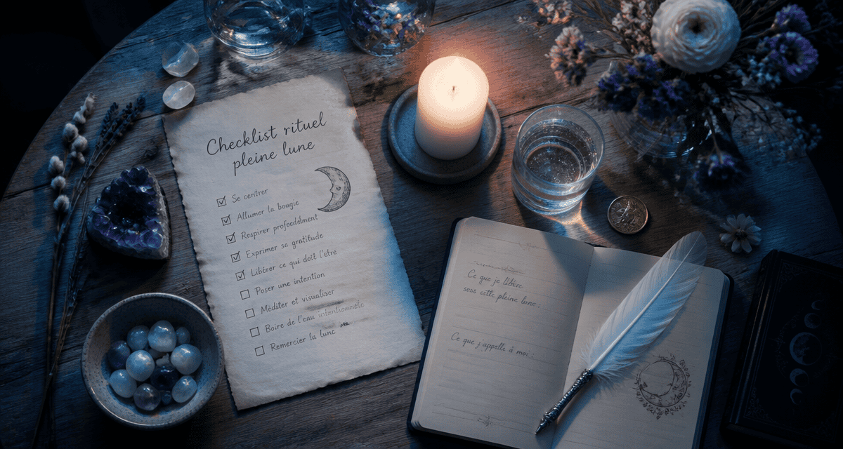 Autel rituel pleine lune avec cristaux et bougie