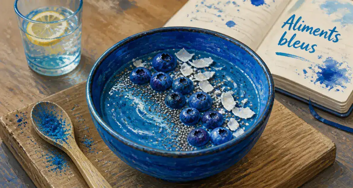 Aliments bleus : smoothie bleu spiruline, myrtilles, graines chia, noix de coco