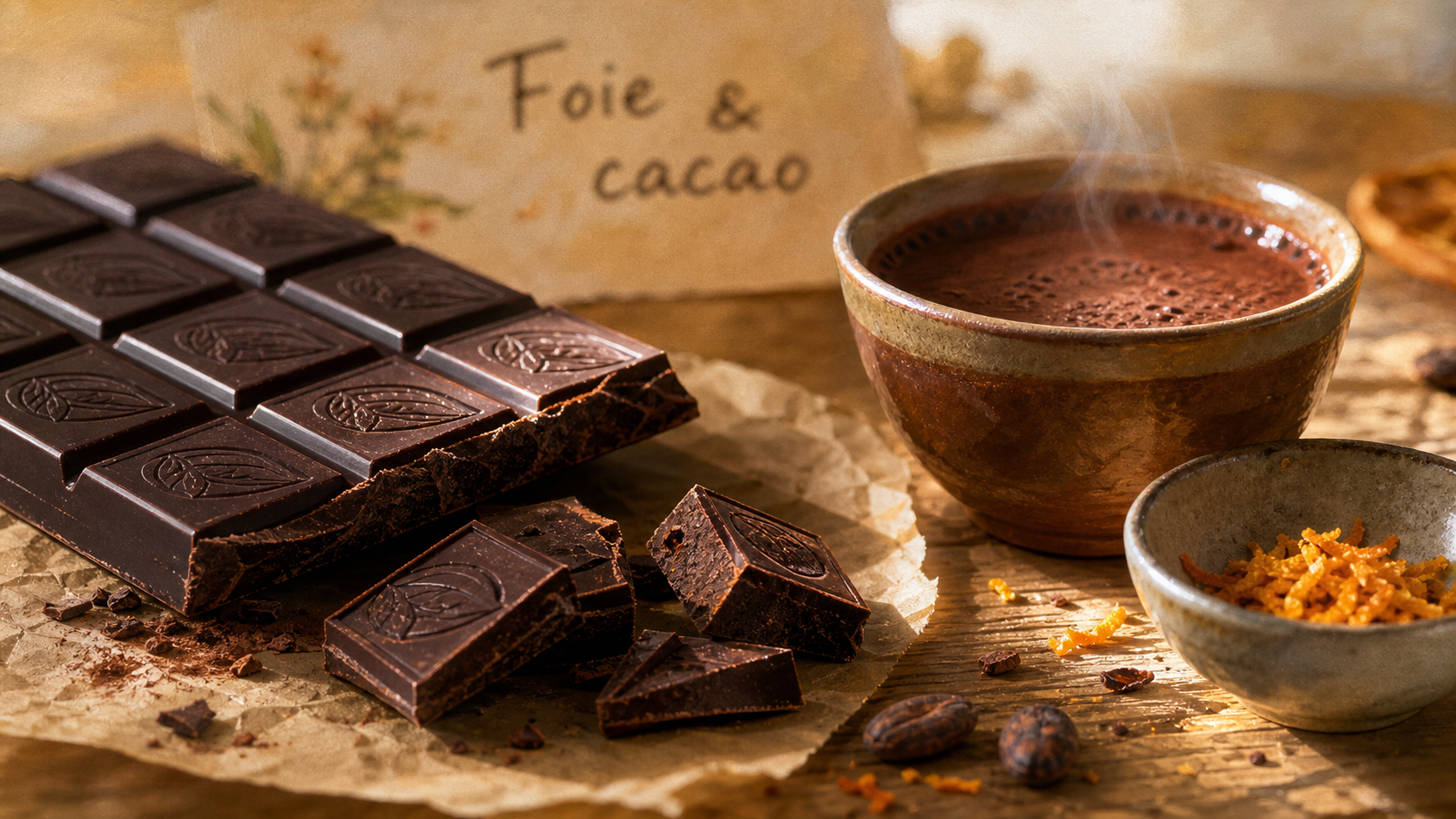 Bienfaits du chocolat noir sur le foie : 3 carrés de chocolat noir 85% sur table en bois