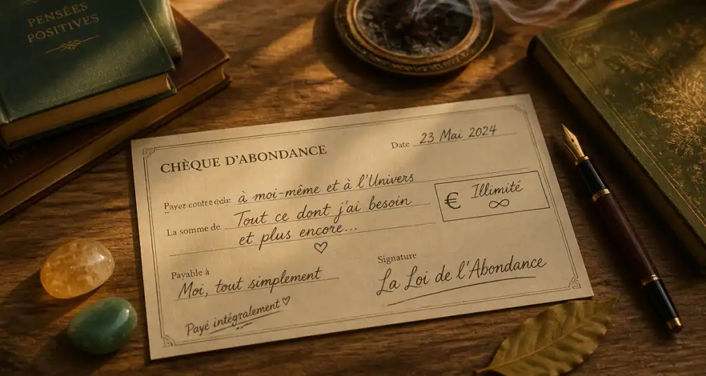 cheque d'abondance manuscrit sur bureau avec cristaux