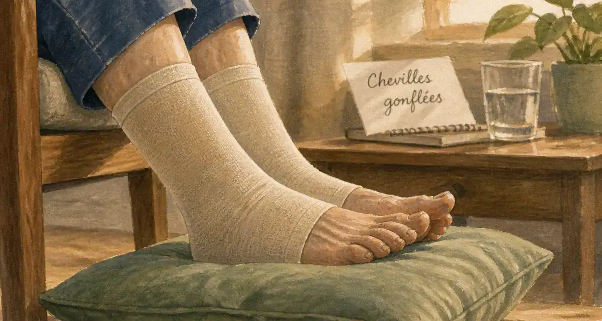 Chevilles enflées personnes âgées, bas de compression et pieds surélevés