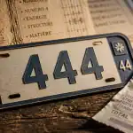 Chiffre 444 en papier découpé et ticket à encre violette sur bureau