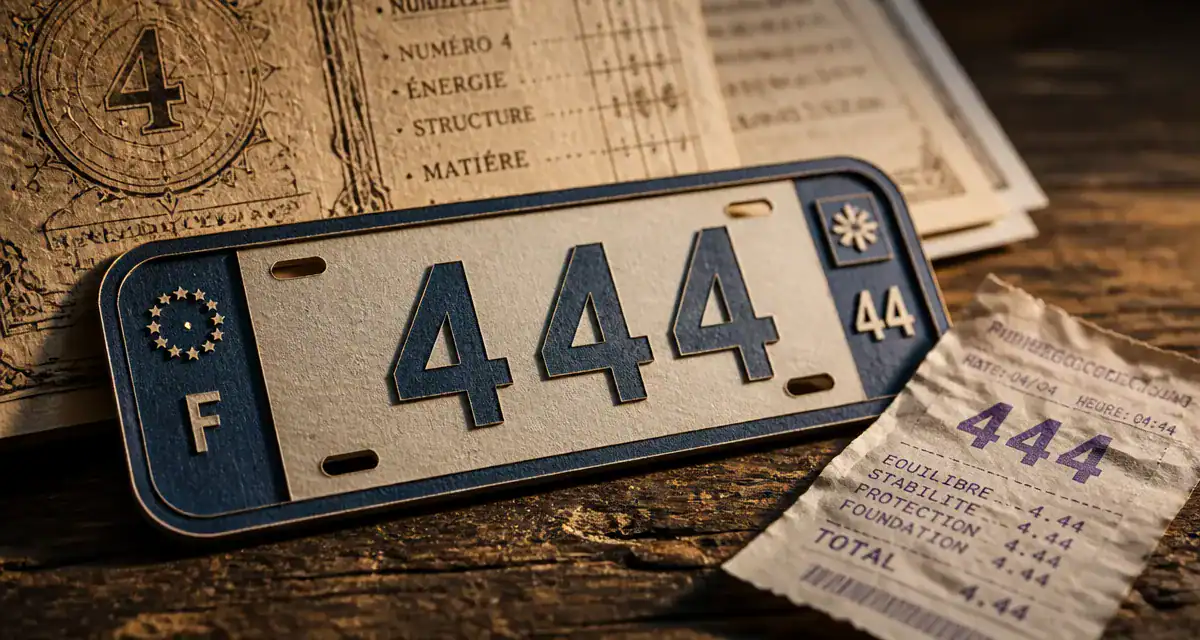 Chiffre 444 en papier découpé et ticket à encre violette sur bureau