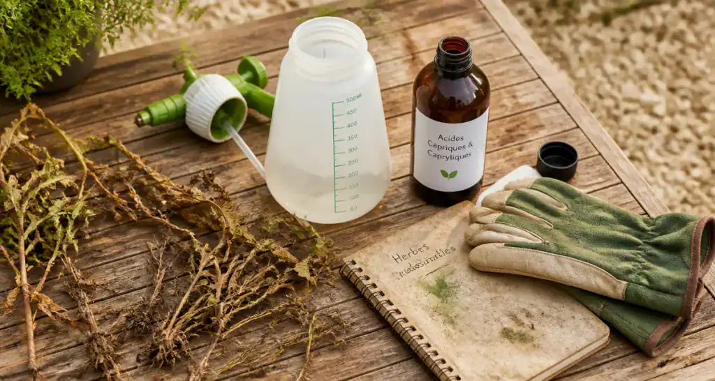 les acides capriques et capryliques sur une table de jardin