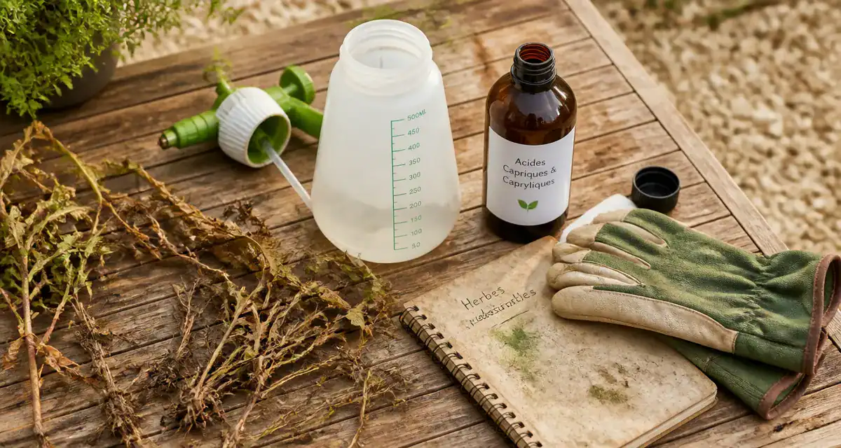 les acides capriques et capryliques sur une table de jardin