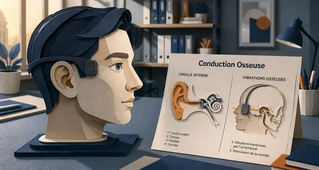 Ecouteur conduction osseuse danger sur tête avec schéma oreille