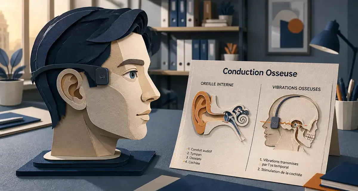 Ecouteur conduction osseuse danger sur tête avec schéma oreille
