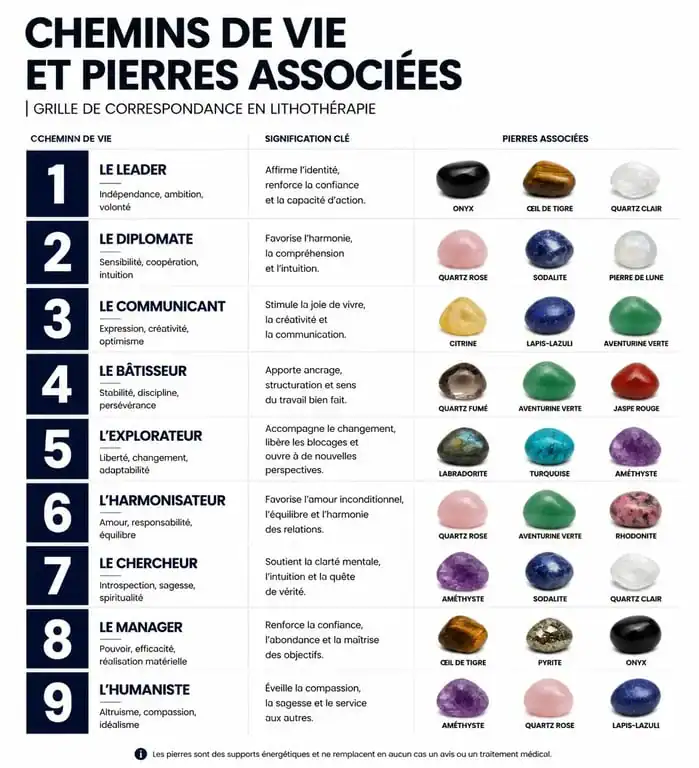 Tableau des pierres de vie associées à chaque chemin de vie en lithothérapie