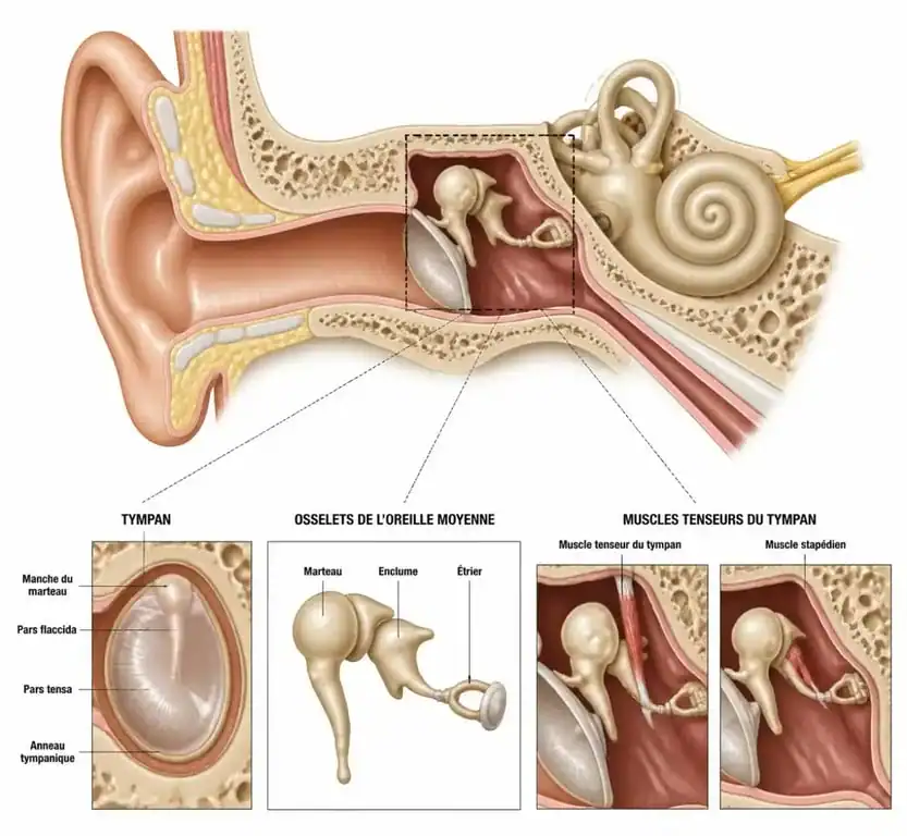 Schéma anatomique de l'oreille humaine illustrant les causes d'un tympan qui vibre tout seul