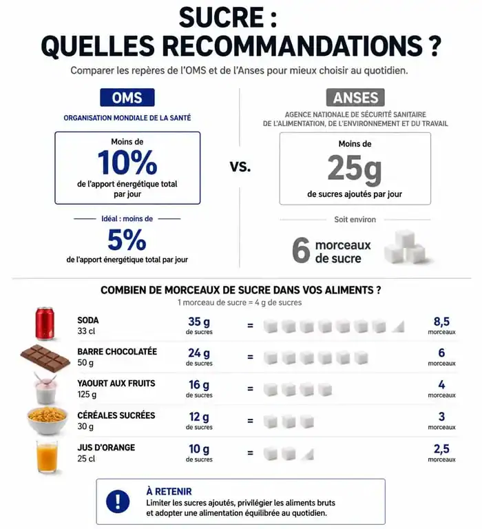 Infographie sur la consommation de sucre par jour : recommandations OMS et Anses et équivalences en morceaux de sucre