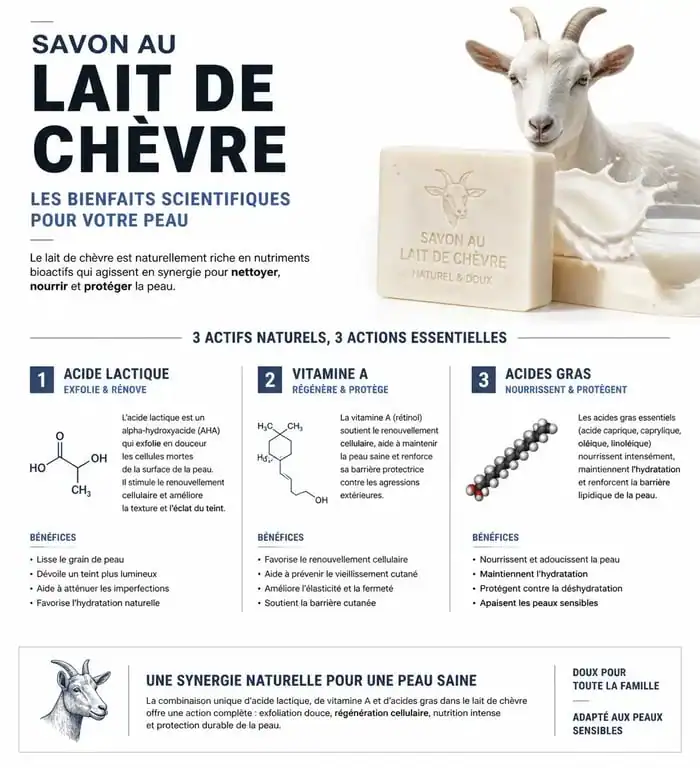 Infographie des bienfaits du savon au lait de chèvre pour la peau