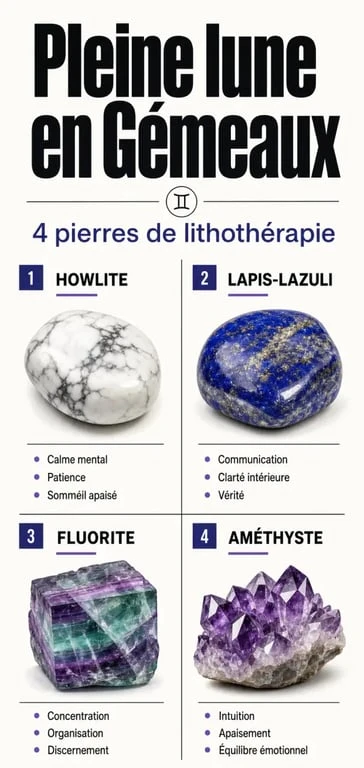 Infographie des pierres de lithothérapie recommandées pour la pleine lune en Gémeaux : Howlite, Lapis-Lazuli, Fluorite et Améthyste.