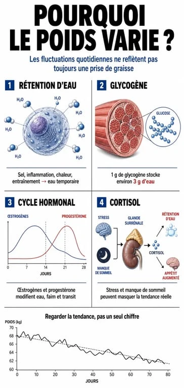 Infographie expliquant pourquoi se peser tous les jours fait grossir et les facteurs de variations de poids