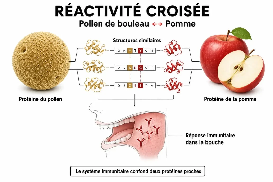 Schéma explicatif du mécanisme de réactivité croisée entre pollens et aliments dans le cadre d'une allergie dans la bouche