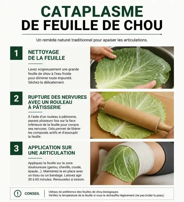 Infographie illustrant la préparation d'un cataplasme de feuille de chou remède de grand-mère pour soulager les douleurs