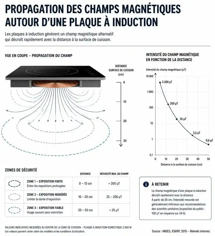 Infographie sur la propagation des champs magnétiques et les distances de sécurité pour les plaques à induction