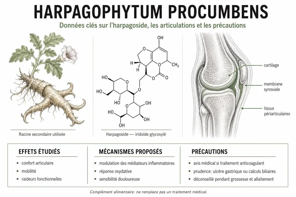 Infographie sur les bienfaits et propriétés de la griffe du diable pour les articulations