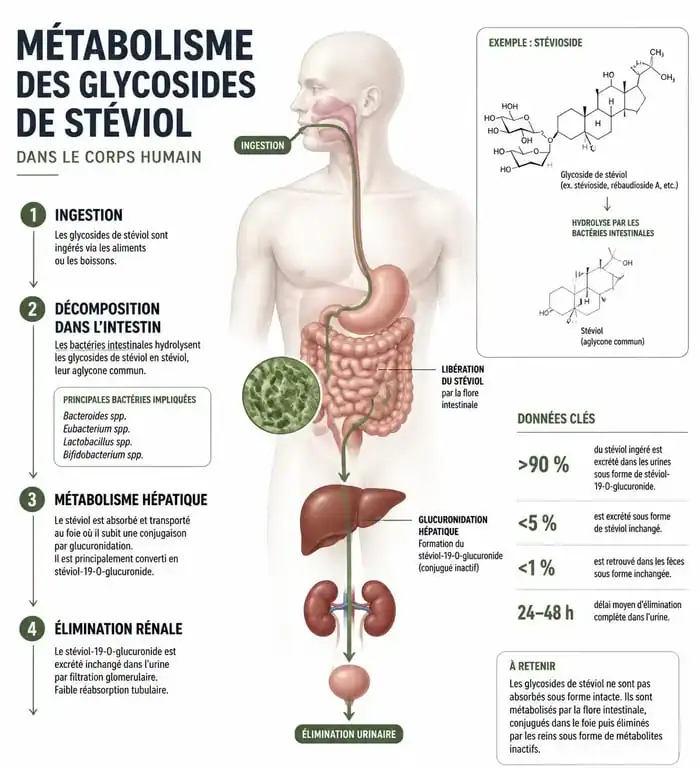 Infographie expliquant le métabolisme de la stévia et son interaction avec le foie pour comprendre l'absence de danger hépatique.