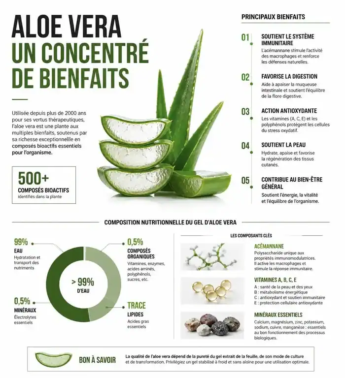 Infographie sur les bienfaits santé et la composition nutritionnelle d'une boisson à l'aloe vera