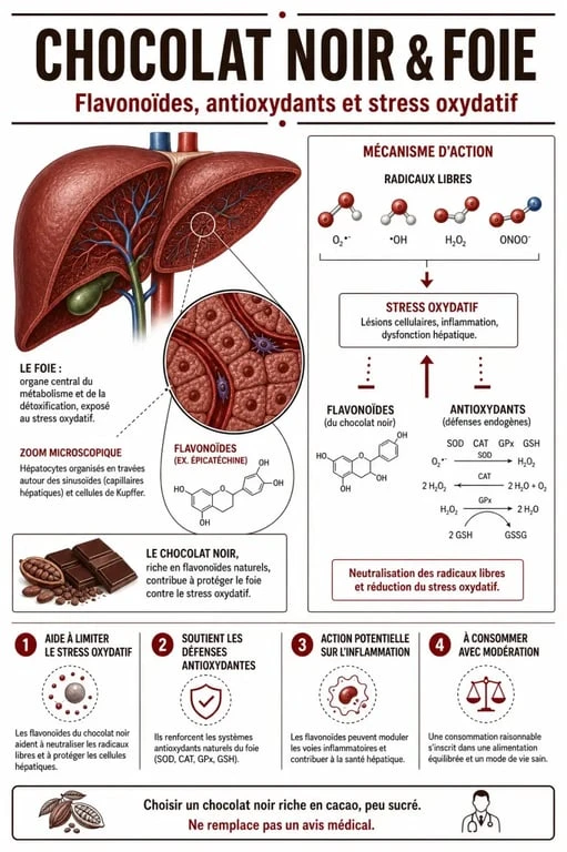Infographie sur les bienfaits du chocolat noir sur le foie et le rôle des antioxydants