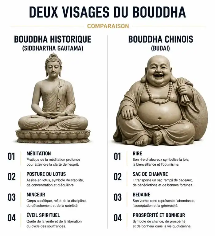 Comparaison visuelle entre le Bouddha historique et le Bouddha chinois pour comprendre leurs différences symboliques