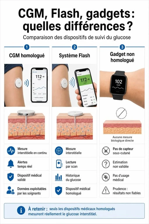 Comparatif des technologies de lecteur de glycémie sans piqûre : dispositifs médicaux certifiés vs gadgets non homologués
