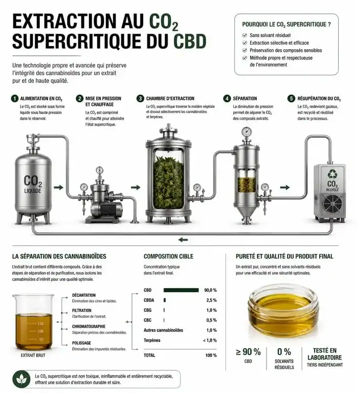 Schéma explicatif de l'extraction au CO2 supercritique utilisée par CBDOO pour ses produits CBD
