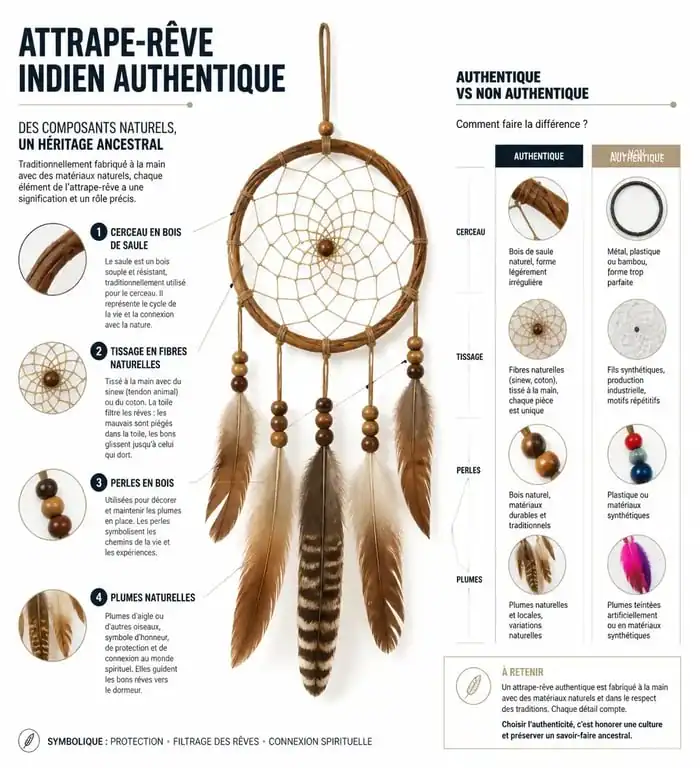 Infographie comparative des matériaux d'un attrape-rêve indien authentique