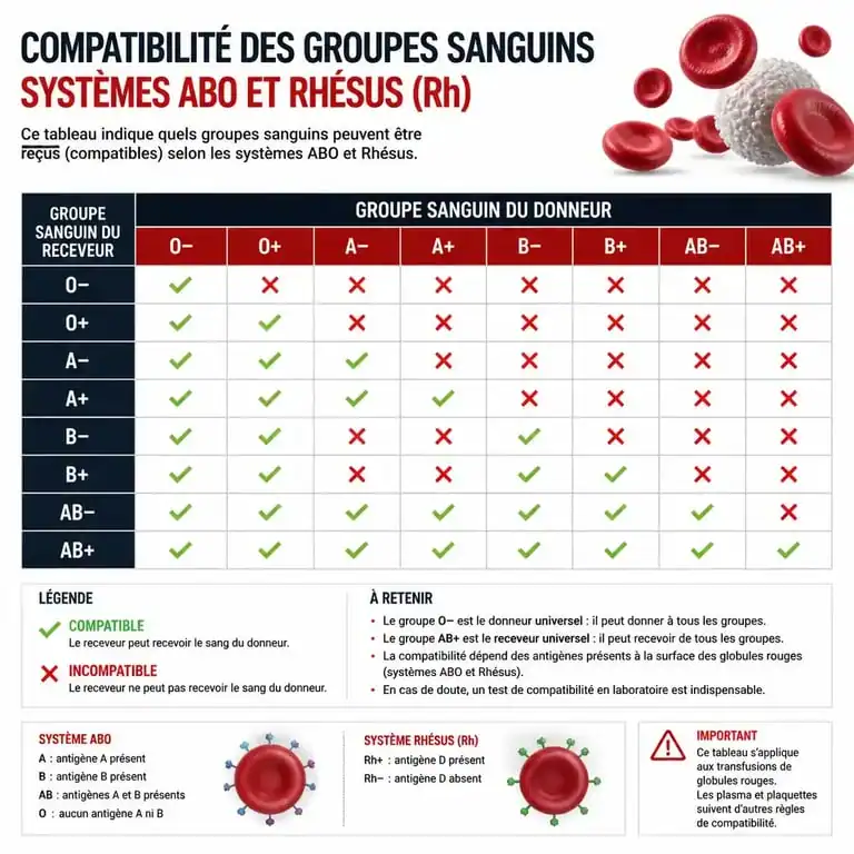 Schéma de compatibilité des groupes sanguins donneur et receveur