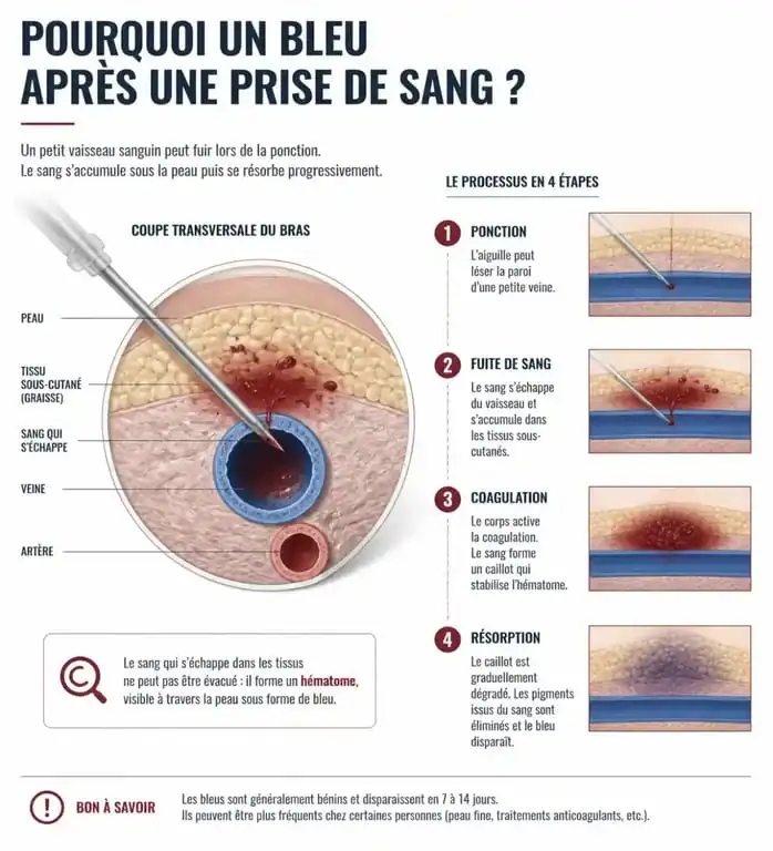 Schéma explicatif de la formation d'un bleu après une prise de sang