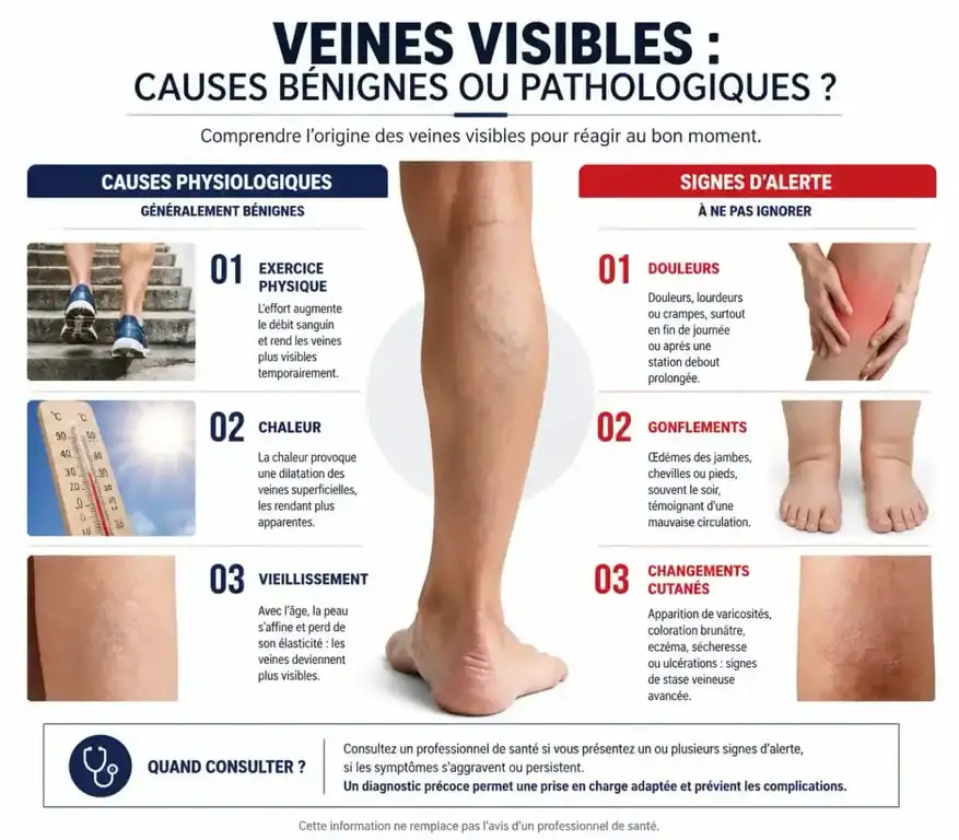 Infographie comparant les causes bénignes et pathologiques des veines plus visibles que d'habitude