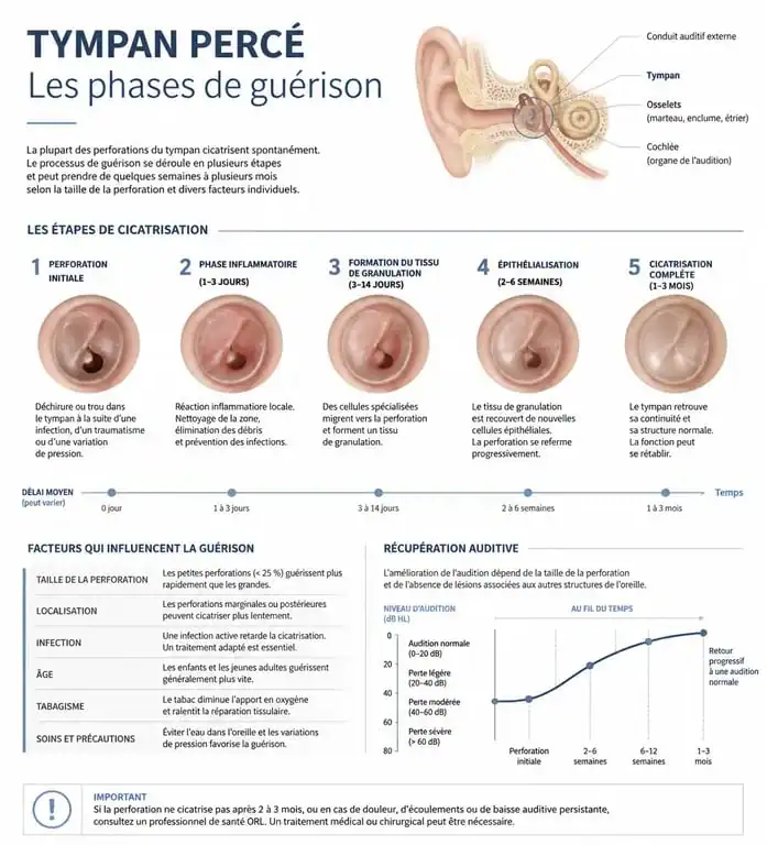 Infographie sur la récupération de l'audition après un tympan percé et les étapes de guérison