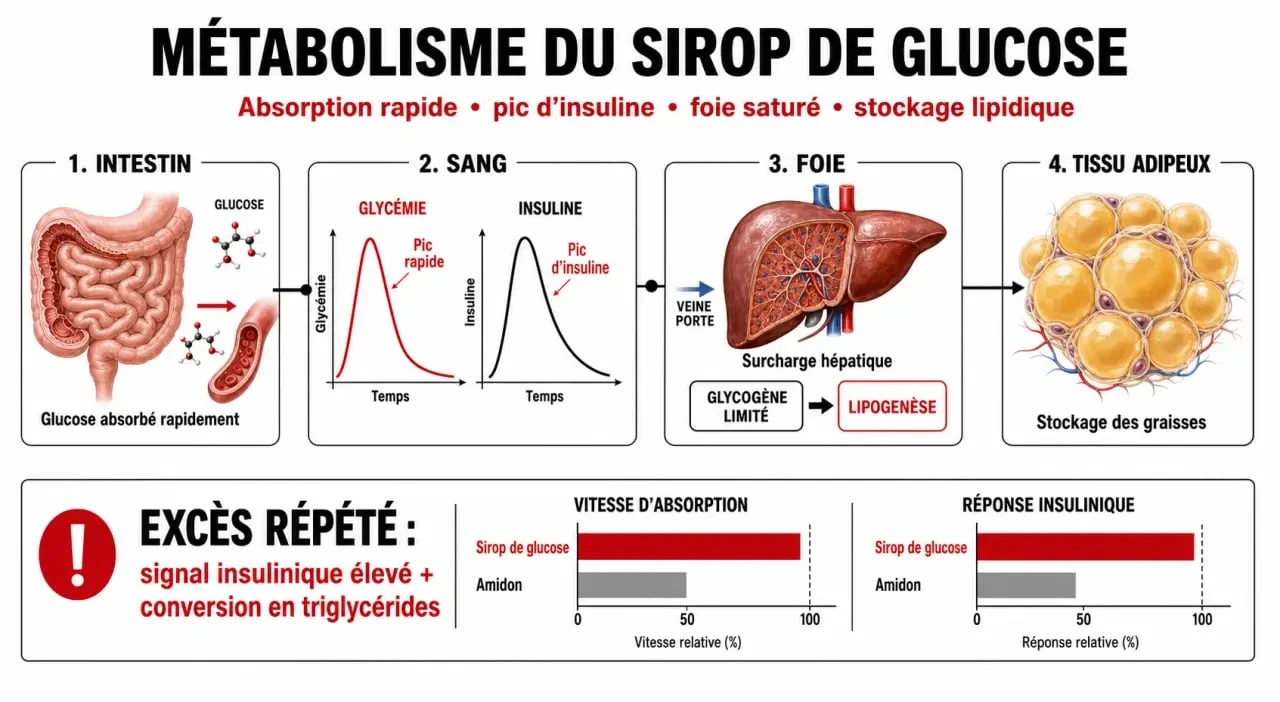 Infographie sur l'impact du sirop de glucose sur la santé et le métabolisme