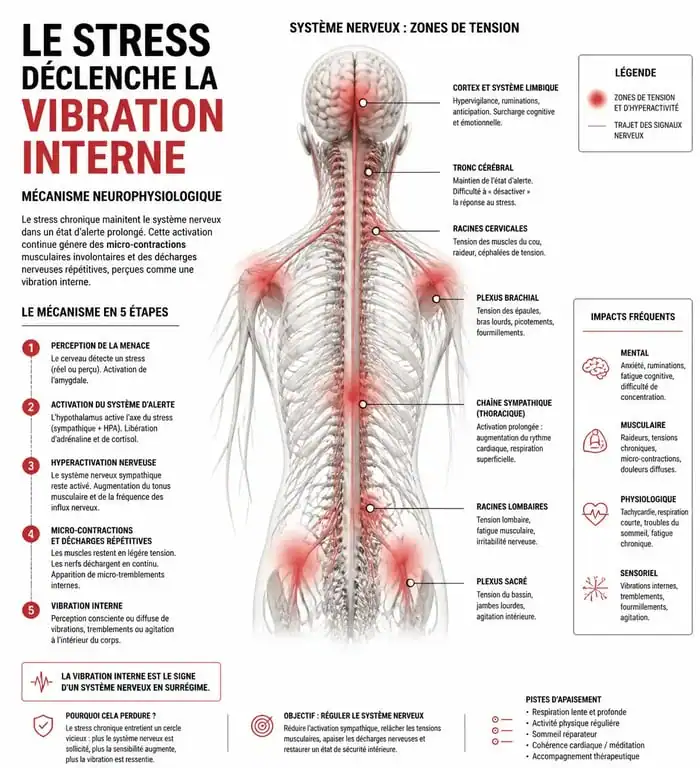 Schéma explicatif des causes de la vibration dans le corps et du rôle du système nerveux