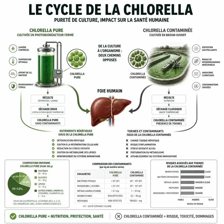 Infographie sur les risques hépatiques liés à la qualité de la chlorella et aux méthodes de culture
