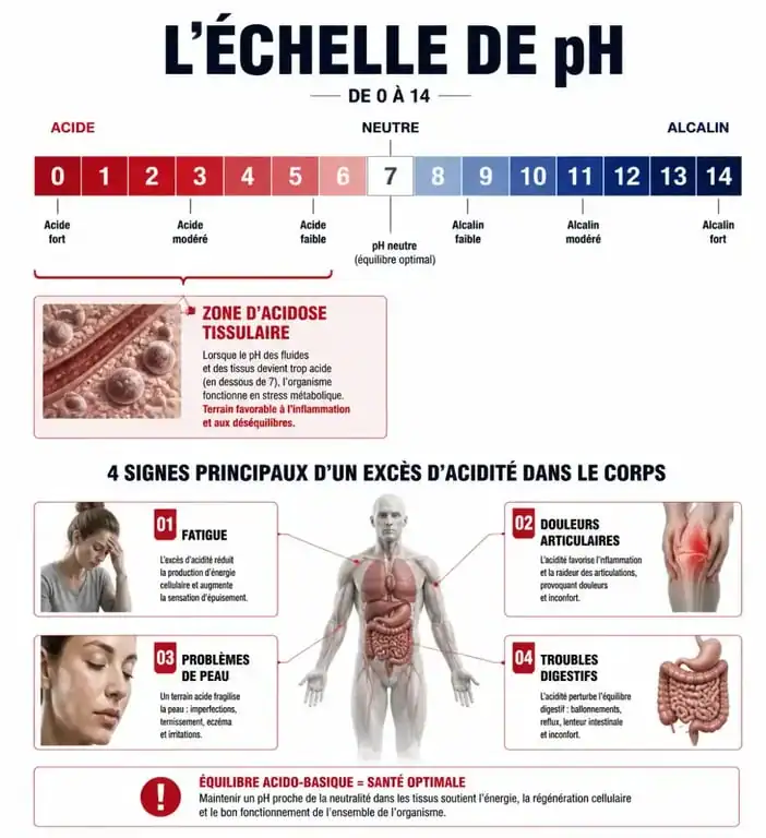 Infographie sur les 4 signes que votre corps est trop acide et l'équilibre acido-basique