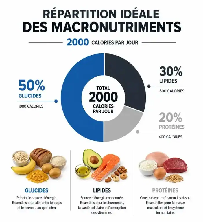 Infographie sur la répartition des macronutriments pour un régime de 2000 calories par jour