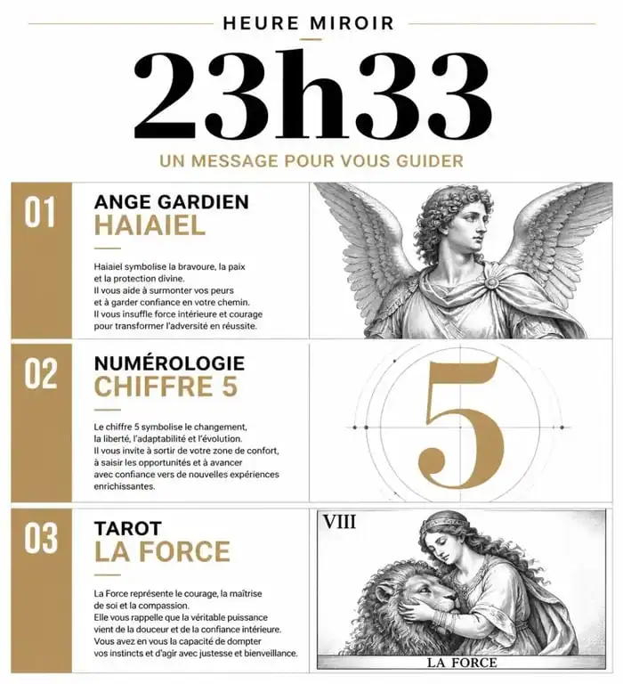 Infographie explicative de la signification de l'heure miroir 23h33 : ange, numérologie et tarot