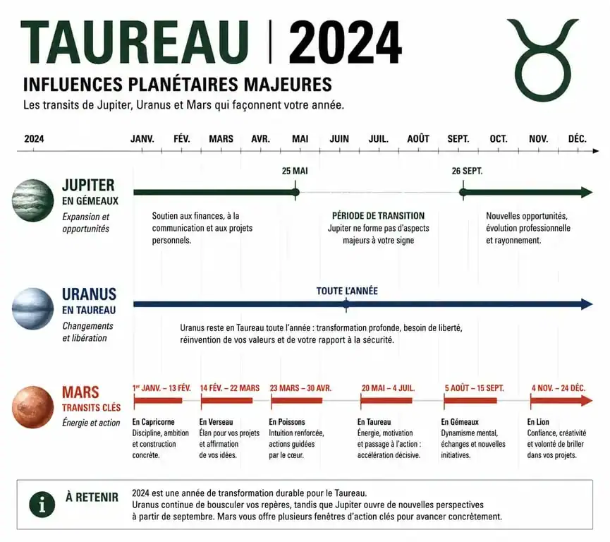 Infographie des influences planétaires et calendrier astrologique du Taureau pour l'horoscope 2024