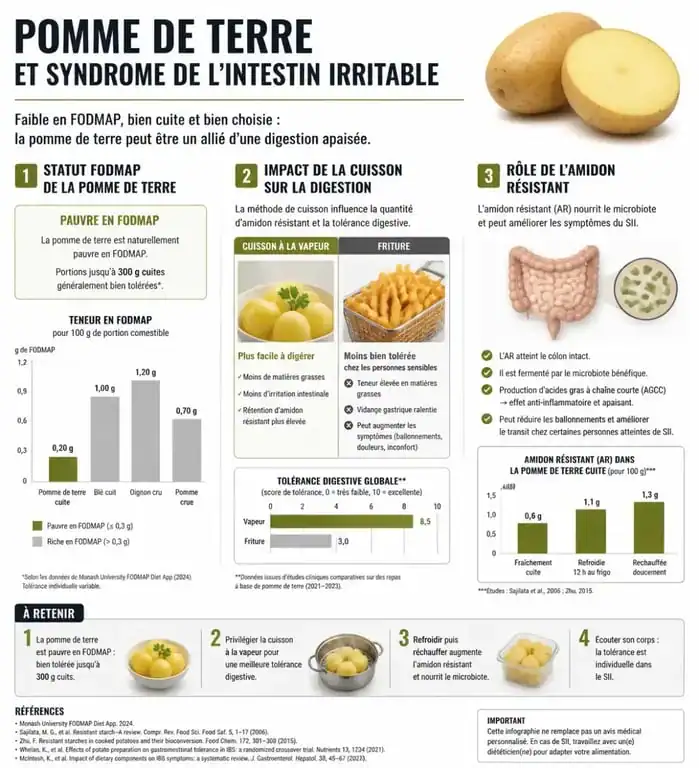 Infographie sur la compatibilité de la pomme de terre avec le syndrome de l'intestin irritable et les conseils de cuisson