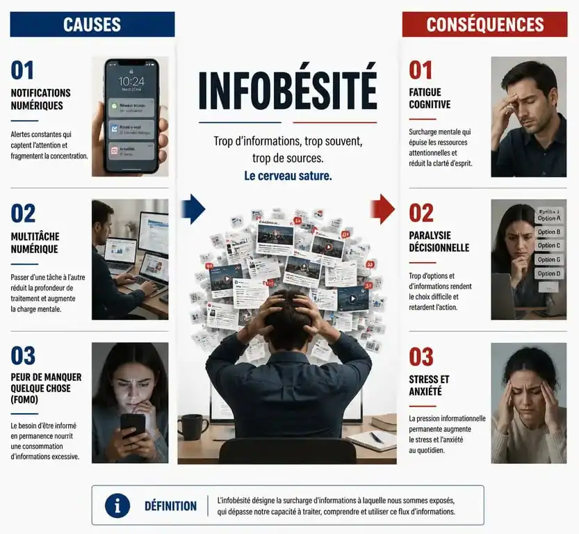 Infographie sur les causes et conséquences de l'infobésité et la surcharge informationnelle