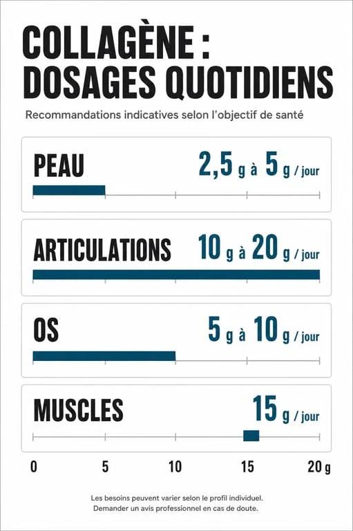 Infographie des dosages recommandés de collagène par jour selon les objectifs de santé
